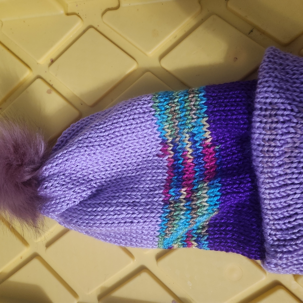 New! Hand Knitted Purple Knit Pom-Pom Beanie